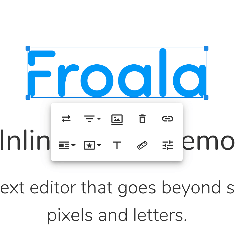 Froala logo highlighted in the header block with word editing tools underneath.