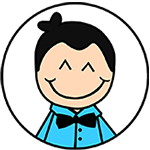 Cartoon of a smiling man wearing a blue collard shirt with a black bow tie in a circle.