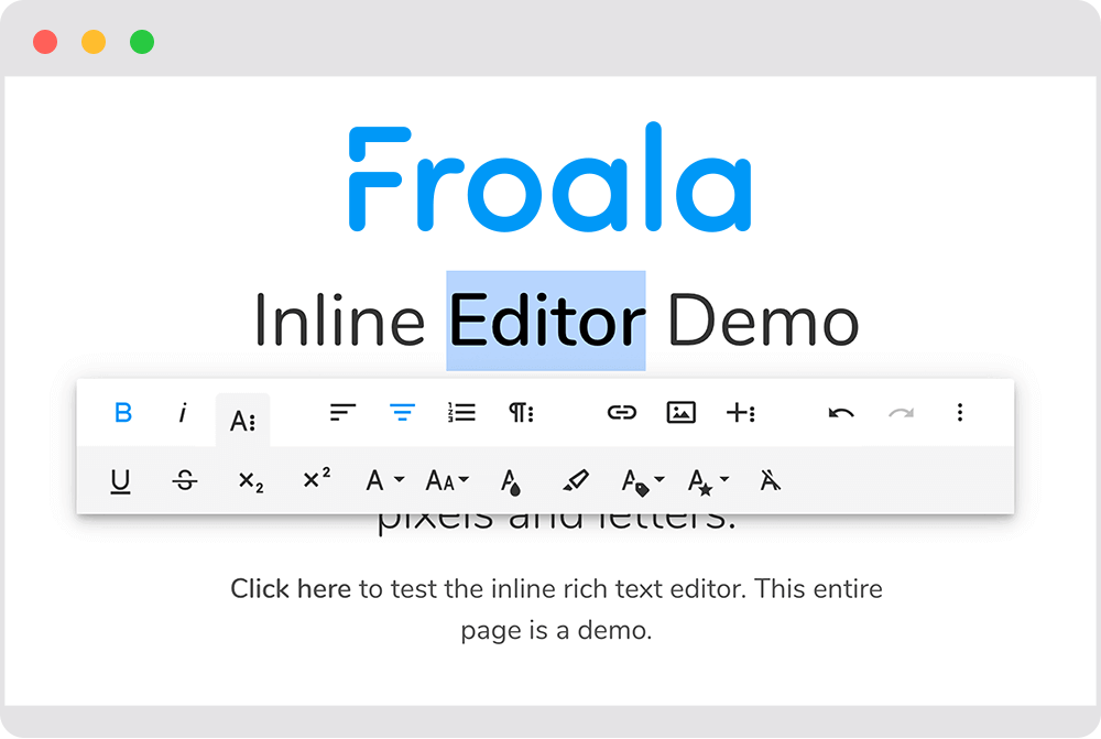 Browser displaying the Froala Inline Editor Demo snapshot with a word editor toolbar highlighting the word Editor.