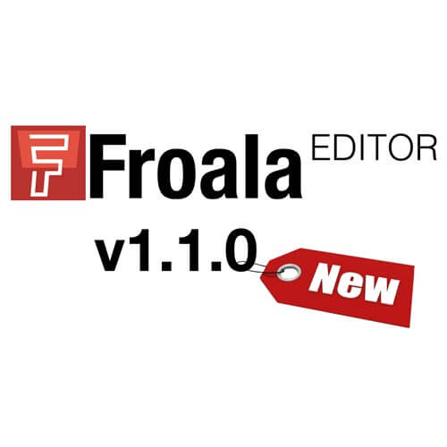 Froala Editor logo in red coloring and a pricing tag with the word new on it.